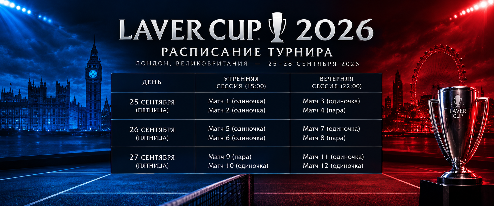 Расписание Laver Cup 2026